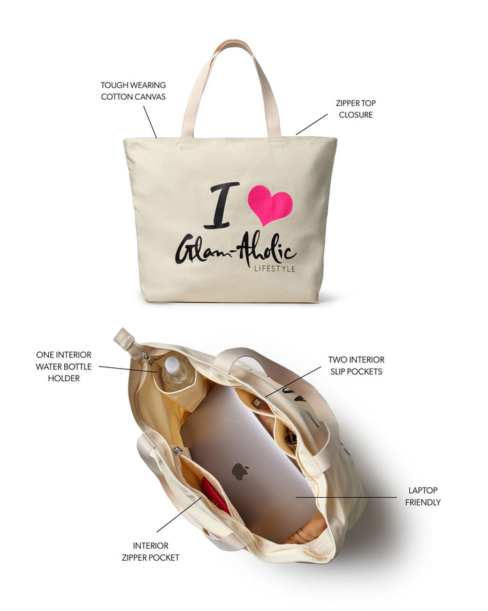Hot pink canvas tote bag featuring the Glam-Aholic logo, zipper top closure, and multiple interior pockets for organization.