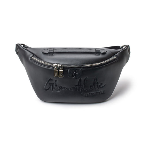 Black signature logo fanny pack with embossed text, silver zipper, and adjustable strap for casual streetwear style.