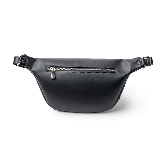 Black signature logo fanny pack with a front zipper pocket, adjustable strap, and sleek, minimalist design.