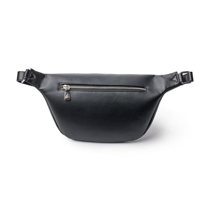 Black signature logo fanny pack with a front zipper pocket, adjustable strap, and sleek, minimalist design.