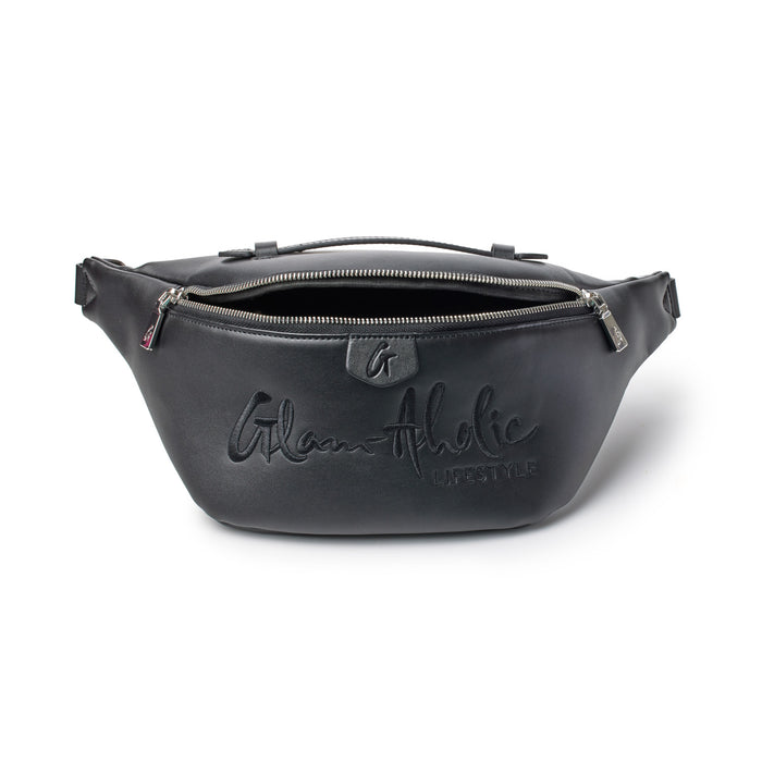 Black signature logo fanny pack with embossed text, silver zipper, and adjustable strap, ideal for casual lifestyle use.