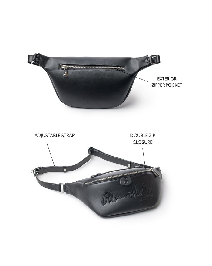 Black signature logo fanny pack featuring an exterior zipper pocket, adjustable strap, and double zip closure.