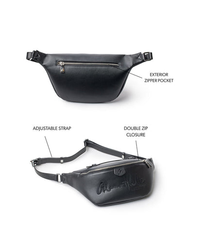 Black signature logo fanny pack featuring an exterior zipper pocket, adjustable strap, and double zip closure.