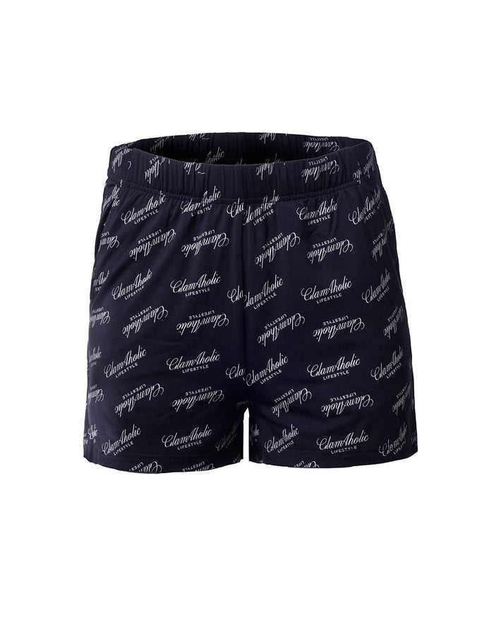 Black pajama shorts featuring an all-over Glam-Aholic logo print, designed for stylish comfort at home.