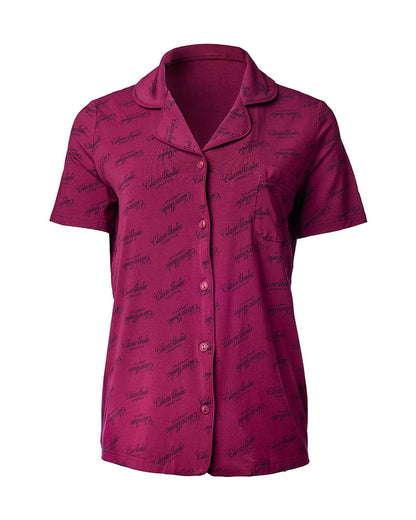 Burgundy short pajama set featuring a button-up top with a pocket and an all-over logo print for a chic, comfortable look.