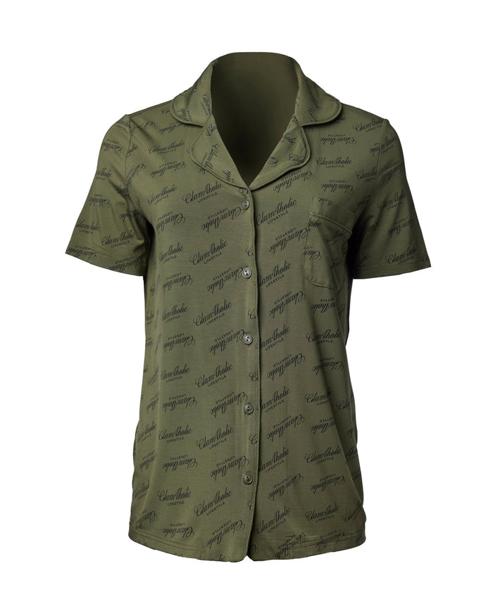 Green pajama short set featuring a stylish button-up shirt with a subtle logo pattern, perfect for comfortable lounging.