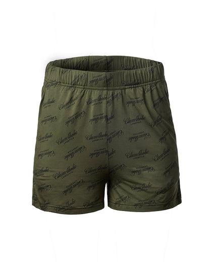Green pajama shorts featuring an all-over Glam-Aholic logo print, designed for comfort and style.