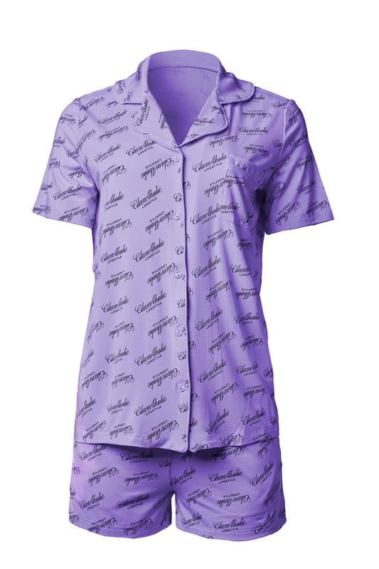 Lavender short pajama set featuring a stylish print, perfect for comfortable and chic lounging.
