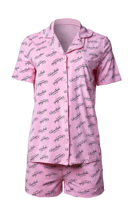 Light pink pajama short set featuring a stylish print, perfect for comfortable and chic lounging.