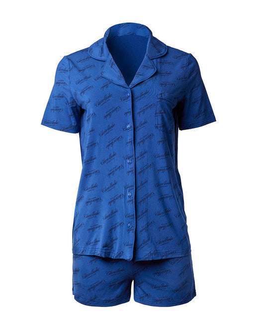 Navy short pajama set featuring a button-up shirt and matching shorts with a stylish logo print.