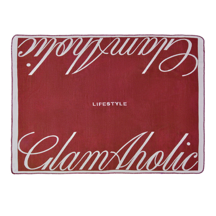 Burgundy throw blanket featuring the Glam-Aholic logo and "LIFESTYLE" text, perfect for stylish home decor.