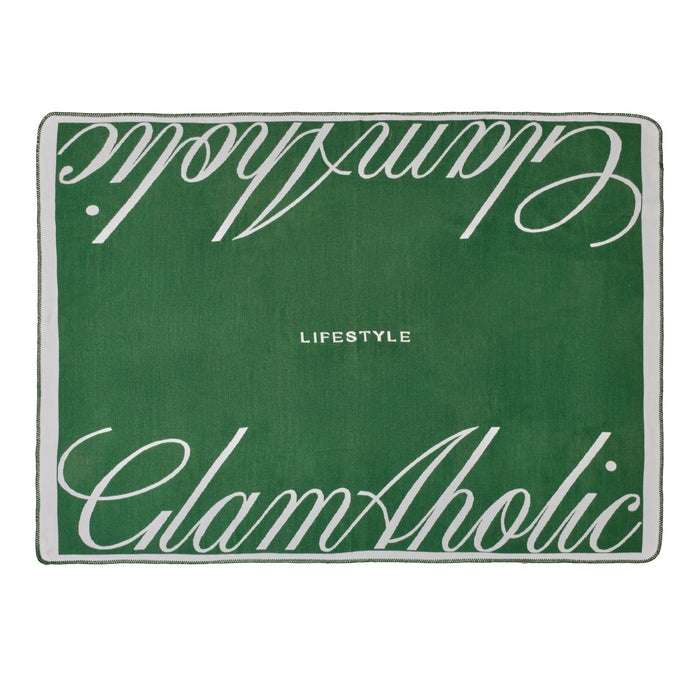 Luxurious green throw blanket featuring the Glam-Aholic logo and "LIFESTYLE" text for stylish home decor.