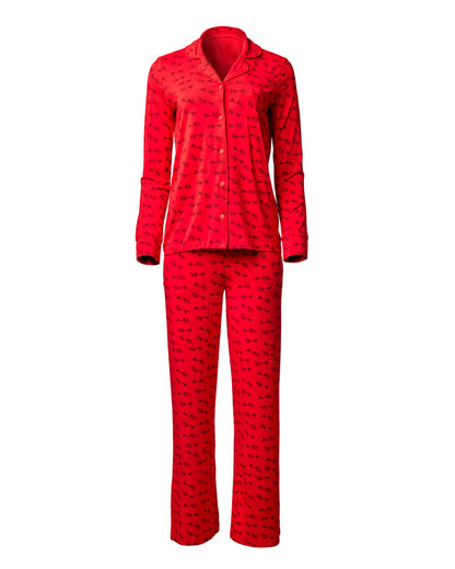 Red women's pajamas set featuring a button-up top and matching pants with a playful signature print.