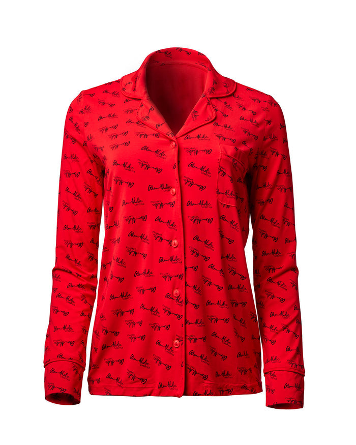 Red women's pajama top featuring a stylish script print, designed for comfort and chic loungewear.