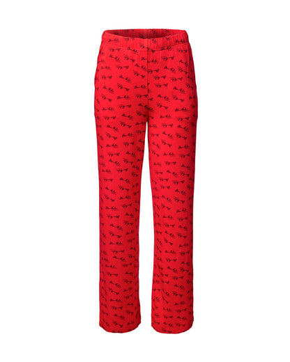 Red pajama pants featuring a playful signature print, designed for comfort and style in loungewear.