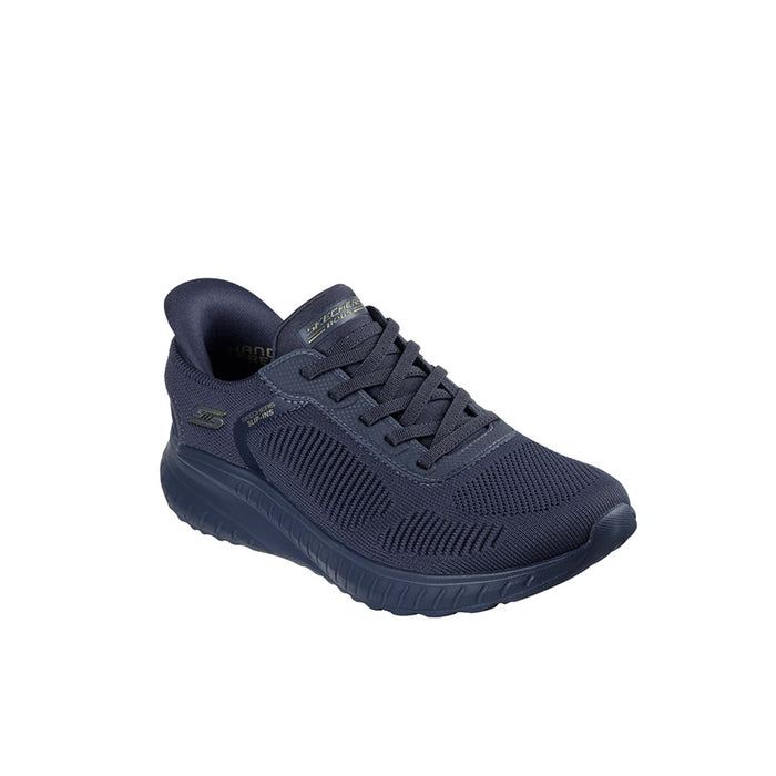 Women's slip-on walking sneaker, dark navy knit upper, lace-up front, cushioned sole