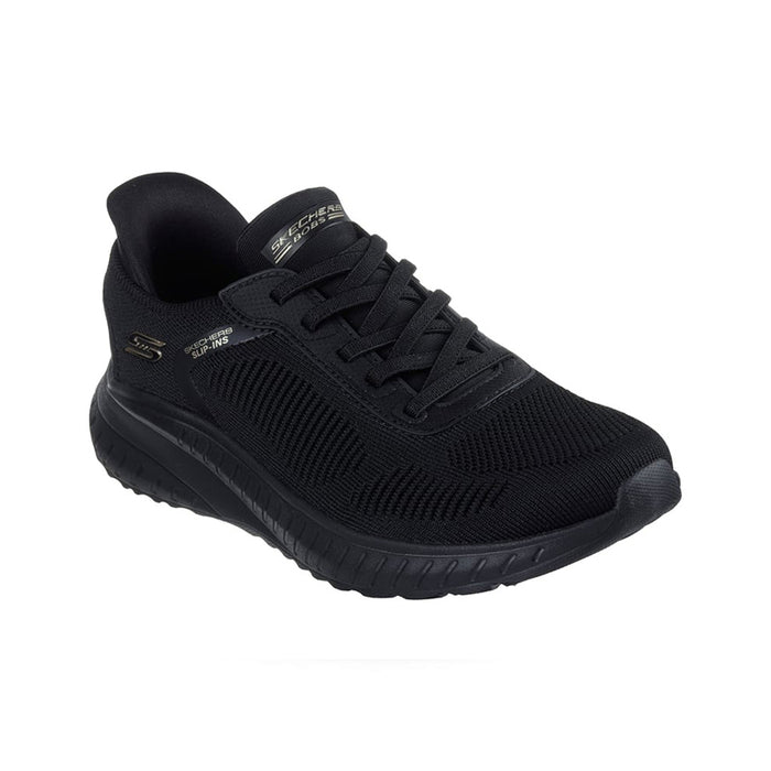 Women's slip-on walking sneaker, black knit upper with lace-up front and padded collar