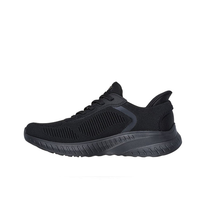 Women's slip-on walking sneaker, black knit upper, streamlined side view and cushioned sole