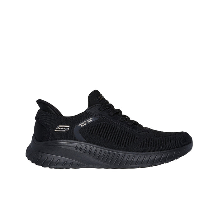Women's slip-on walking sneaker, black knit upper with lace-up and sporty midsole
