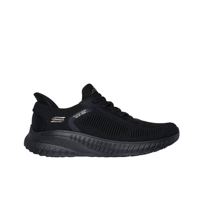 Women's slip-on walking sneaker, black knit upper with lace-up and sporty midsole