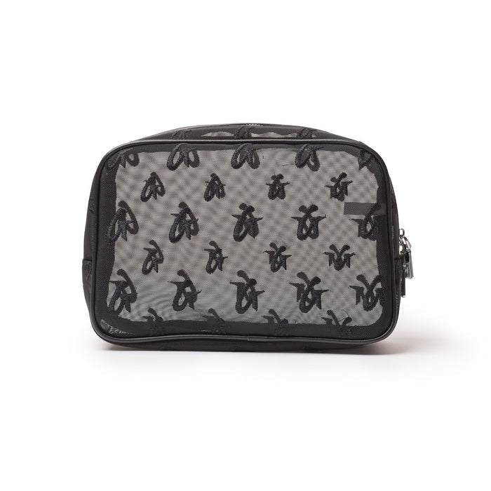 Small black mesh monogram toiletry bag with embroidered logo pattern, zipper closure, and compact design for travel essentials.