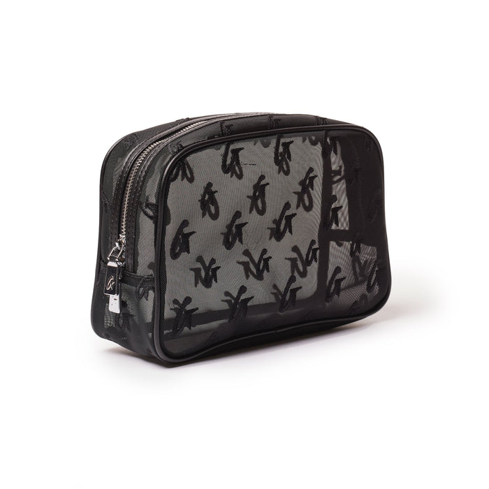Black mesh monogram toiletry bag with a zip closure, featuring a repeating logo pattern and transparent design.