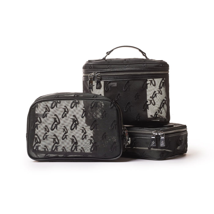 Set of three black mesh monogram toiletry bags with zipper closures, featuring a subtle logo pattern and a top handle.