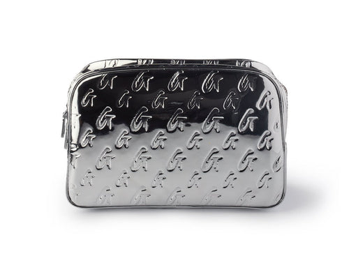 Small metallic silver monogram toiletry bag with embossed "G" pattern, compact and stylish for travel essentials.