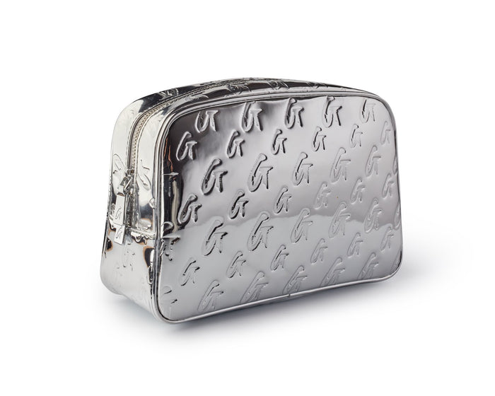 Small metallic silver monogram toiletry bag with embossed logo pattern and zipper closure.