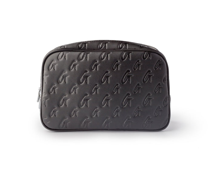Small black toiletry bag featuring a subtle monogram design, perfect for stylish organization on the go.