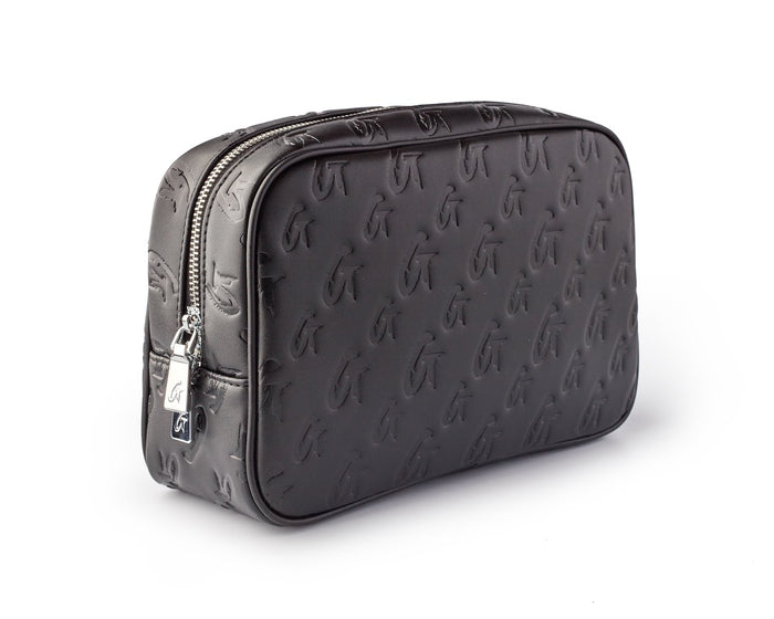 Small monogram toiletry bag in black and pink, featuring a sleek design and zip closure for stylish organization.