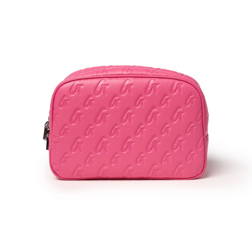 Hot pink small monogram toiletry bag with embossed logo design, perfect for organizing cosmetics and essentials.
