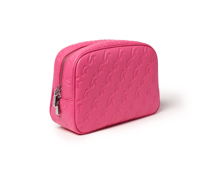 Small hot pink monogram toiletry bag with embossed letter G pattern and silver zipper pulls.