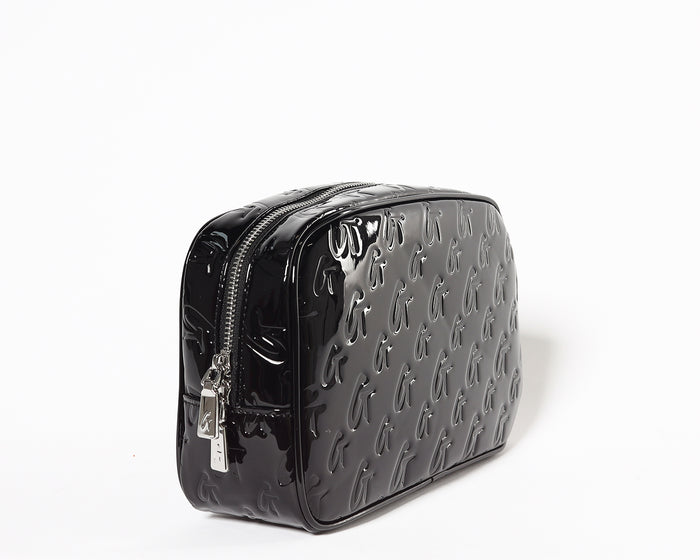 Small black toiletry bag with a monogram pattern, glossy finish, and a silver zipper.