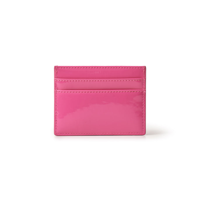 Mirror hot pink gold card holder with multiple card slots, sleek and shiny finish, compact design for easy carrying.