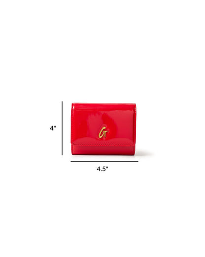 Compact wallet in mirror red with gold logo, measuring 4 inches by 4.5 inches, perfect for stylish organization.