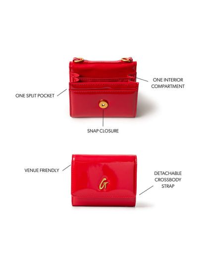 Compact red wallet with snap closure, interior compartment, split pocket, and detachable crossbody strap.