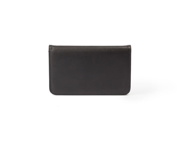 Black leather wallet with a sleek, minimalist design, labeled "STANDARD GOLD WOC - BLACK" on a white background.