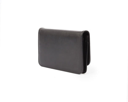 Black leather wallet with a sleek, minimalist design, labeled as STANDARD GOLD WOC - BLACK, on a white background.