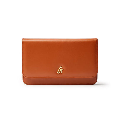 Brown leather wallet with a gold "G" logo on the front, featuring a sleek, minimalist design.