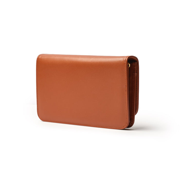Brown leather wallet with a sleek, minimalist design and a smooth finish.