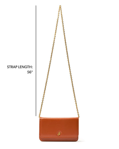 Brown STANDARD GOLD WOC handbag with a 56-inch gold chain strap, perfect for stylish, affordable luxury.