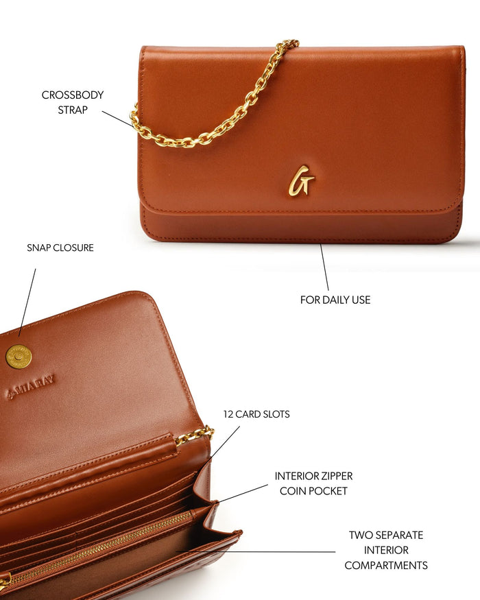 Brown crossbody wallet with gold chain strap, snap closure, 12 card slots, and two interior compartments.