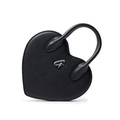 Black heart-shaped bag with a top handle and silver logo, featuring a sleek, modern design.
