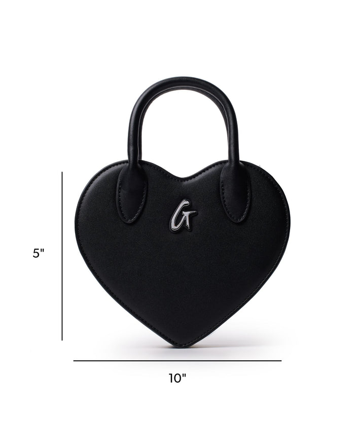 Black heart-shaped handbag with a sleek design and logo, measuring 10 inches wide and 5 inches tall.