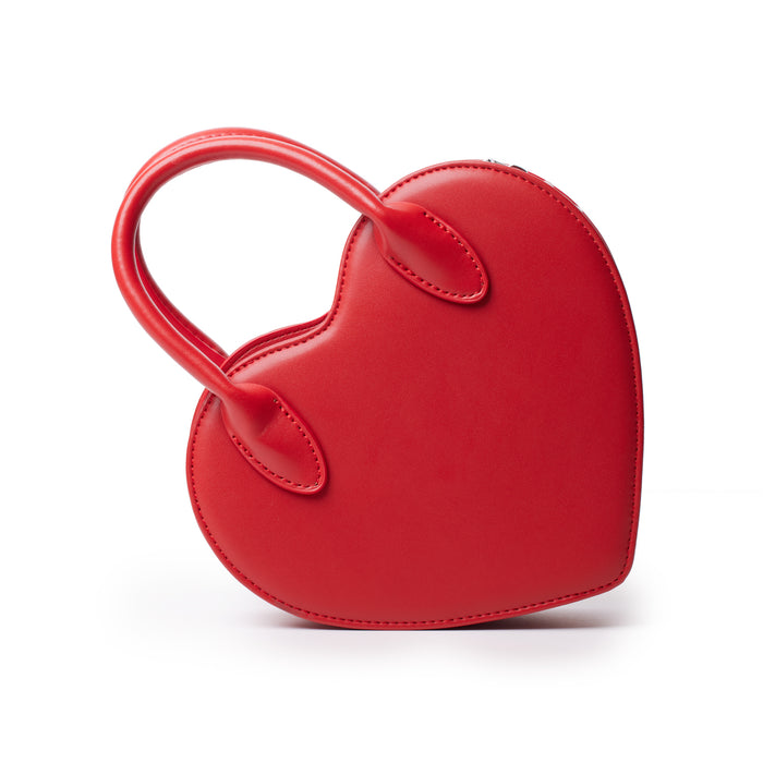 Red heart-shaped bag with a curved handle, made of smooth material, designed for stylish everyday use.