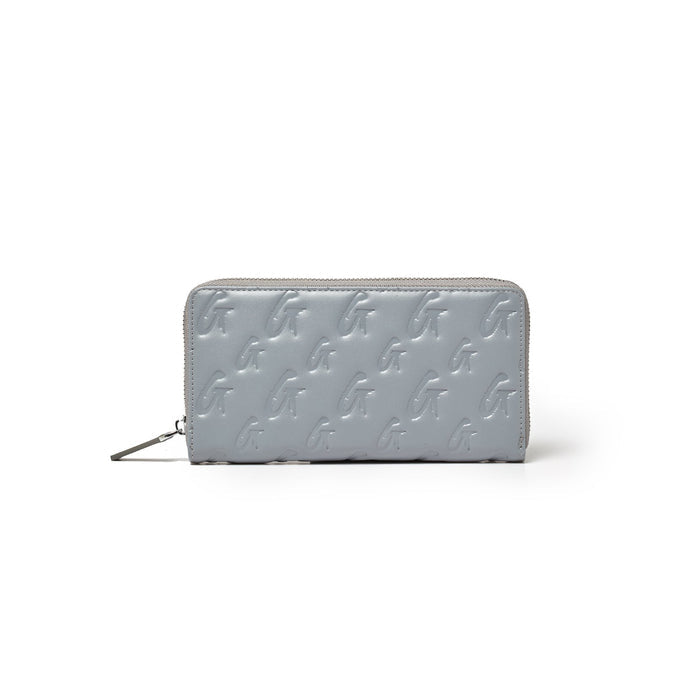 Gray leather wallet with embossed monogram pattern, zip-around closure, and sleek rectangular design.