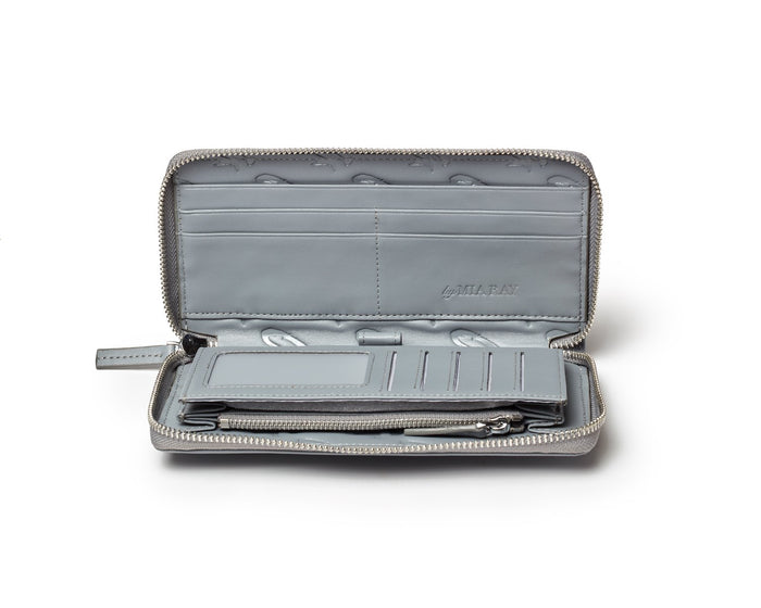 Gray leather wallet with multiple card slots, a zippered coin pocket, and a clear ID window, open to show interior details.