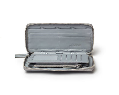 Gray leather wallet with multiple card slots, a zippered coin pocket, and a clear ID window, open to show interior details.