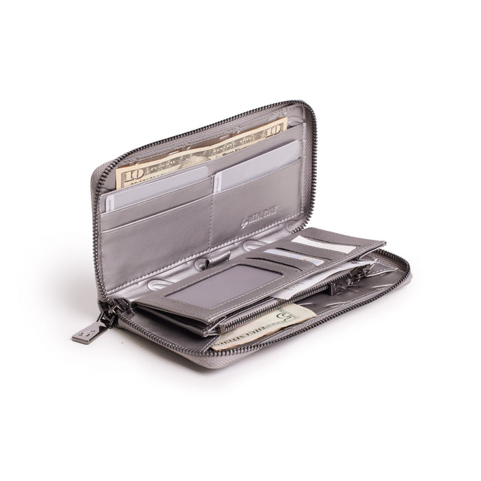 Open platinum-colored wallet with multiple card slots, cash compartments, and a zipper closure, featuring a monogram design.